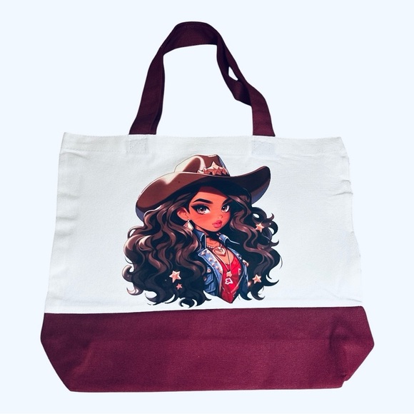 Large Canvas Tote Bag with Western Cowgirl Art | Hand Pressed | 17”x14” - Picture 1 of 4